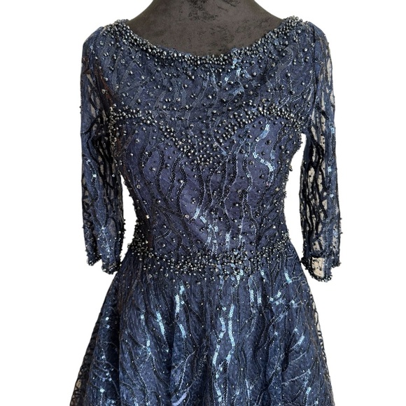 MAC DUGGAL HIGH NECK ABOVE ELBOW SLEEVE EMBELLISHED ALINE NAVY MIDI DRESS 4 - Picture 6 of 14